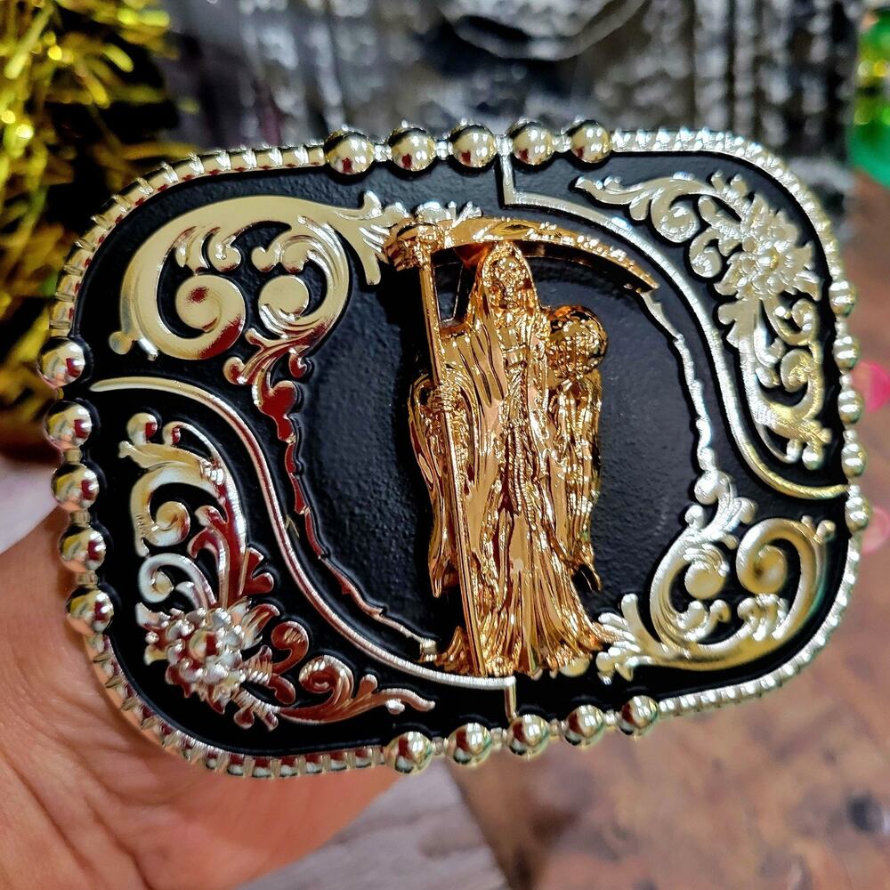 Santa Muerte belt Buckle Grim Reaper Rose Tone Silver Heavy Black Zinc Alloy